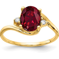 14K Yellow Gold 8x6mm Oval Lab-Created Ruby and Diamond Three-Stone Ring - 0.017 Carat Total Diamond Weight by Monteluci Fine Jewelry