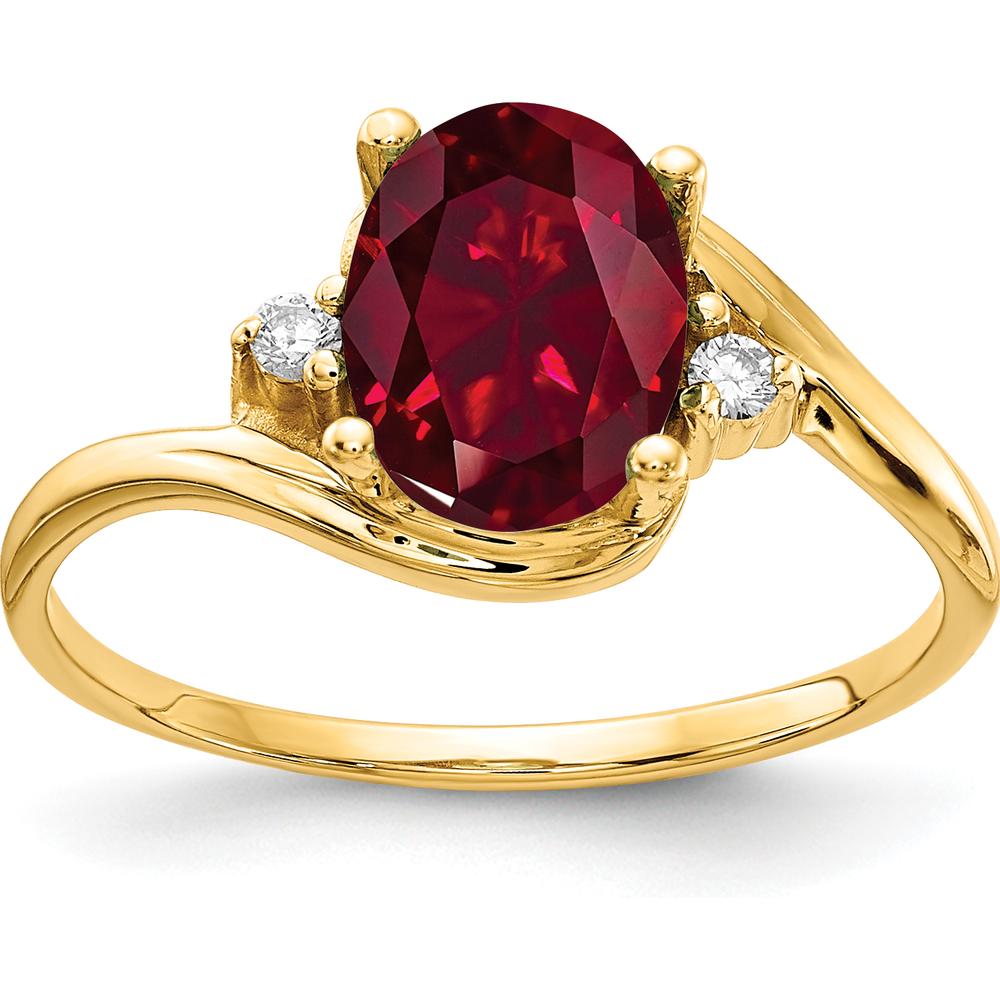 14K Yellow Gold 8x6mm Oval Lab-Created Ruby and Diamond Three-Stone Ring - 0.017 Carat Total Diamond Weight by Monteluci Fine Jewelry