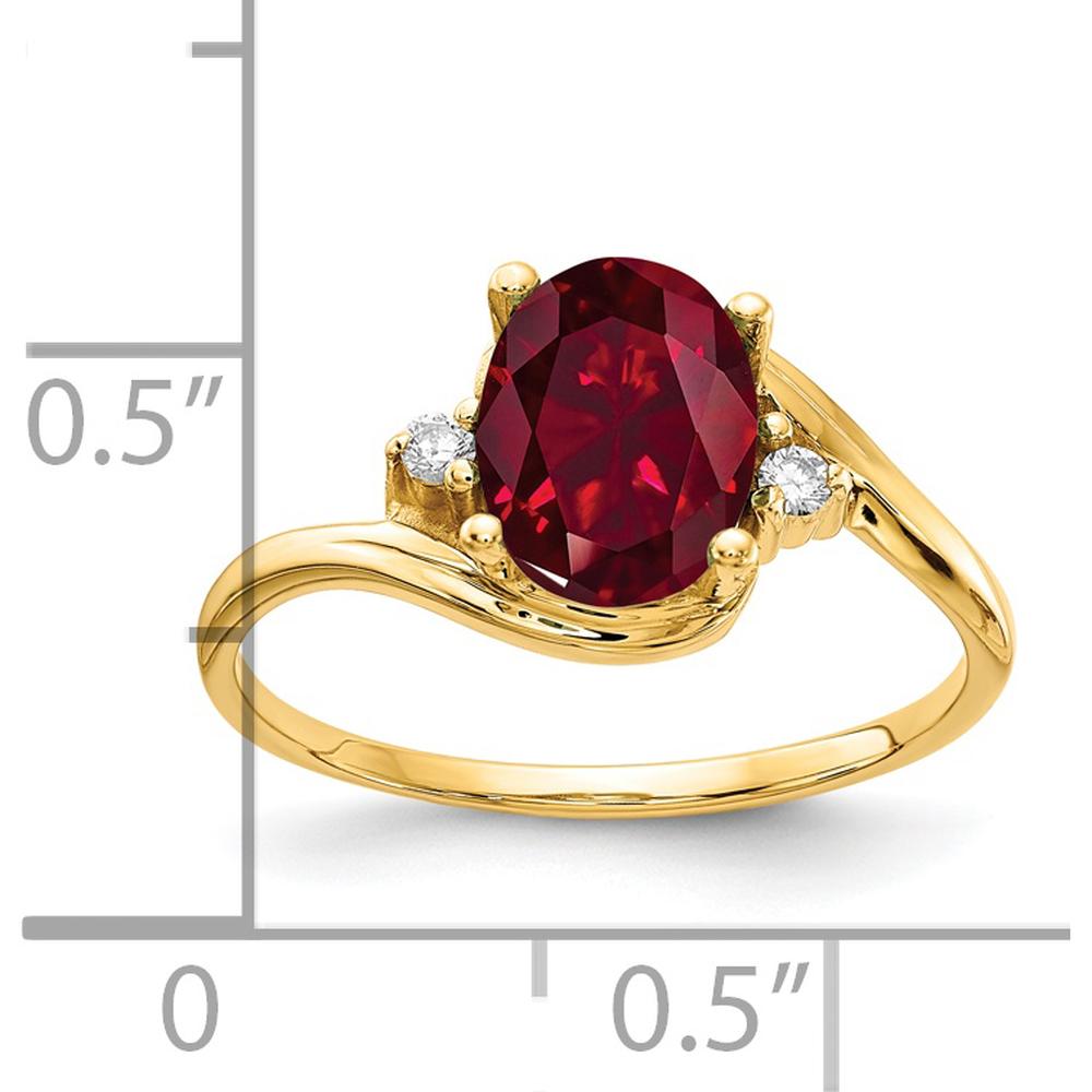 14K Yellow Gold 8x6mm Oval Lab-Created Ruby and Diamond Three-Stone Ring - 0.017 Carat Total Diamond Weight by Monteluci Fine Jewelry