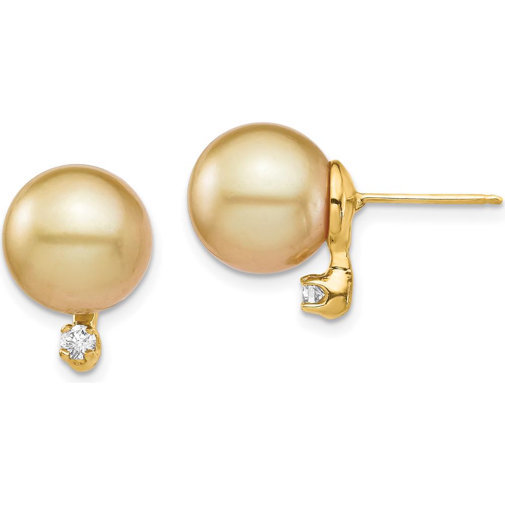 14K Yellow Gold 9-10mm Golden South Sea Saltwater Cultured Pearl and 0.10 Carat Diamond Post Earrings by Monteluci Fine Jewelry