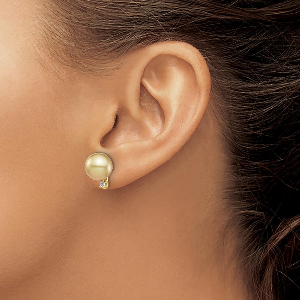 14K Yellow Gold 9-10mm Golden South Sea Saltwater Cultured Pearl and 0.10 Carat Diamond Post Earrings by Monteluci Fine Jewelry