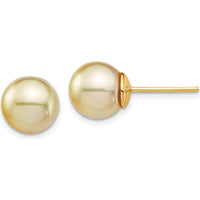14K Yellow Gold 9-10mm Round Golden South Sea Cultured Pearl Post Earrings by Monteluci Fine Jewelry