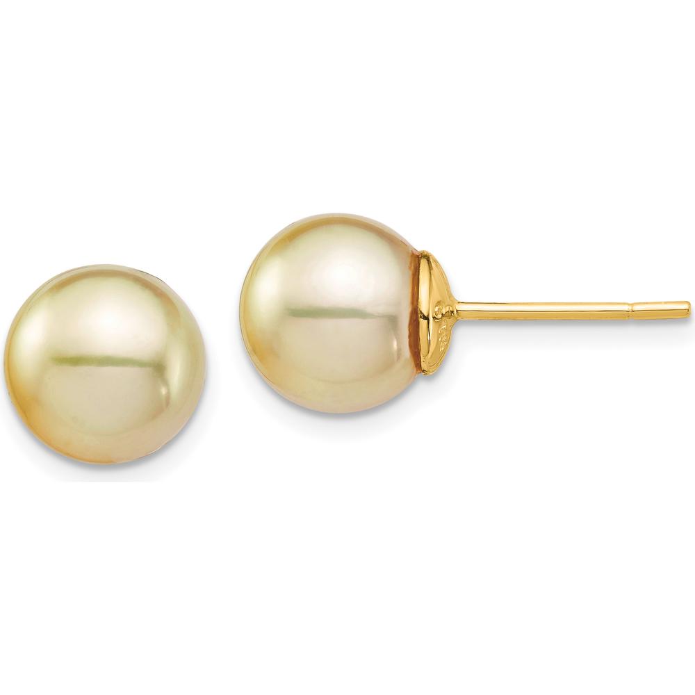 14K Yellow Gold 9-10mm Round Golden South Sea Cultured Pearl Post Earrings by Monteluci Fine Jewelry