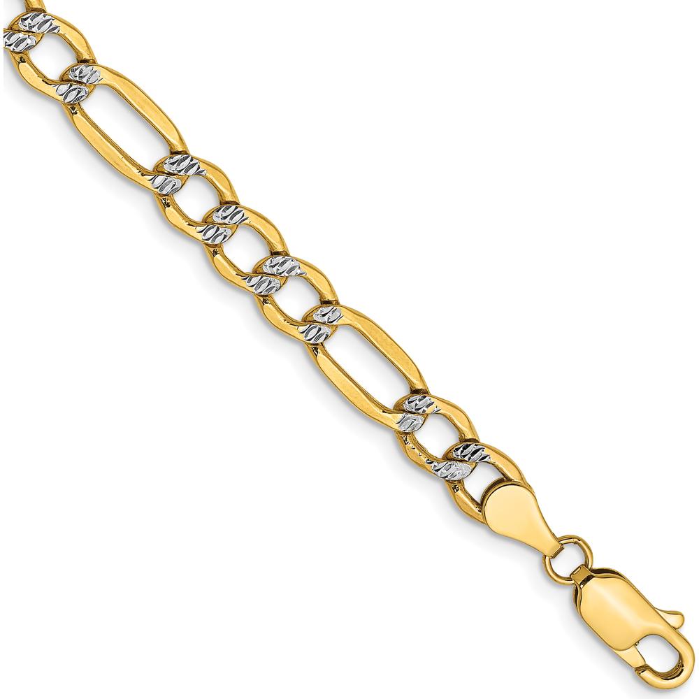 14K Yellow Gold 9" 5.25mm Semi-Solid Figaro Chain with Rhodium Pave and Lobster Clasp by Oro Pregiato