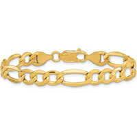 14K Yellow Gold 9" 7.3mm Semi-Solid Figaro Chain Bracelet with Lobster Clasp by Oro Pregiato