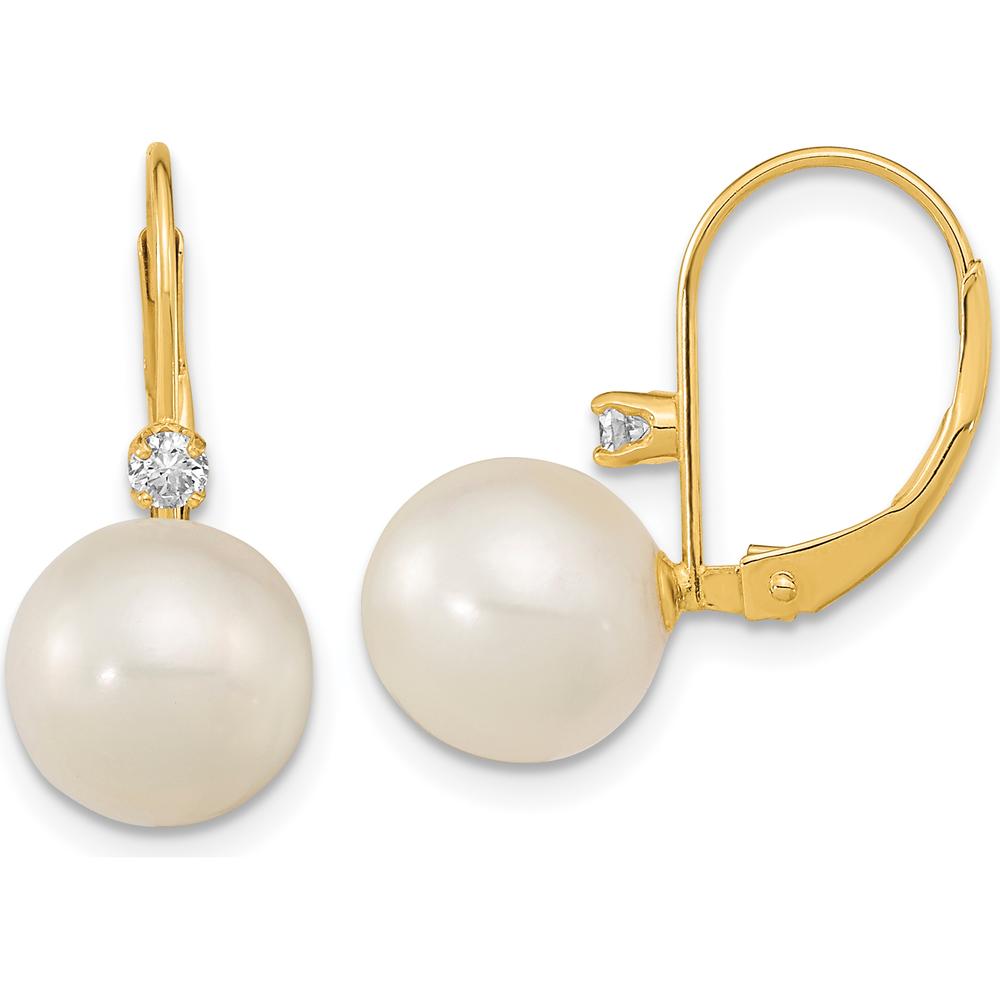 14K Yellow Gold 9-9.5mm Freshwater Pearl and .10 Carat Diamond Leverback Drop Earrings by Monteluci Fine Jewelry