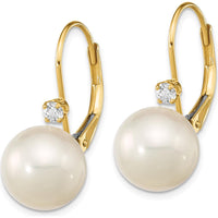 14K Yellow Gold 9-9.5mm Freshwater Pearl and .10 Carat Diamond Leverback Drop Earrings by Monteluci Fine Jewelry