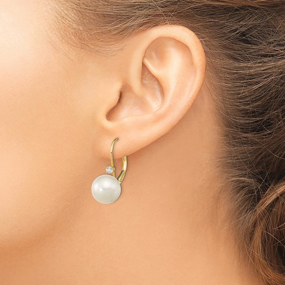 14K Yellow Gold 9-9.5mm Freshwater Pearl and .10 Carat Diamond Leverback Drop Earrings by Monteluci Fine Jewelry