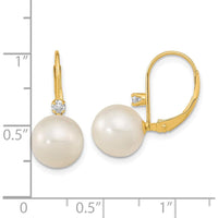 14K Yellow Gold 9-9.5mm Freshwater Pearl and .10 Carat Diamond Leverback Drop Earrings by Monteluci Fine Jewelry