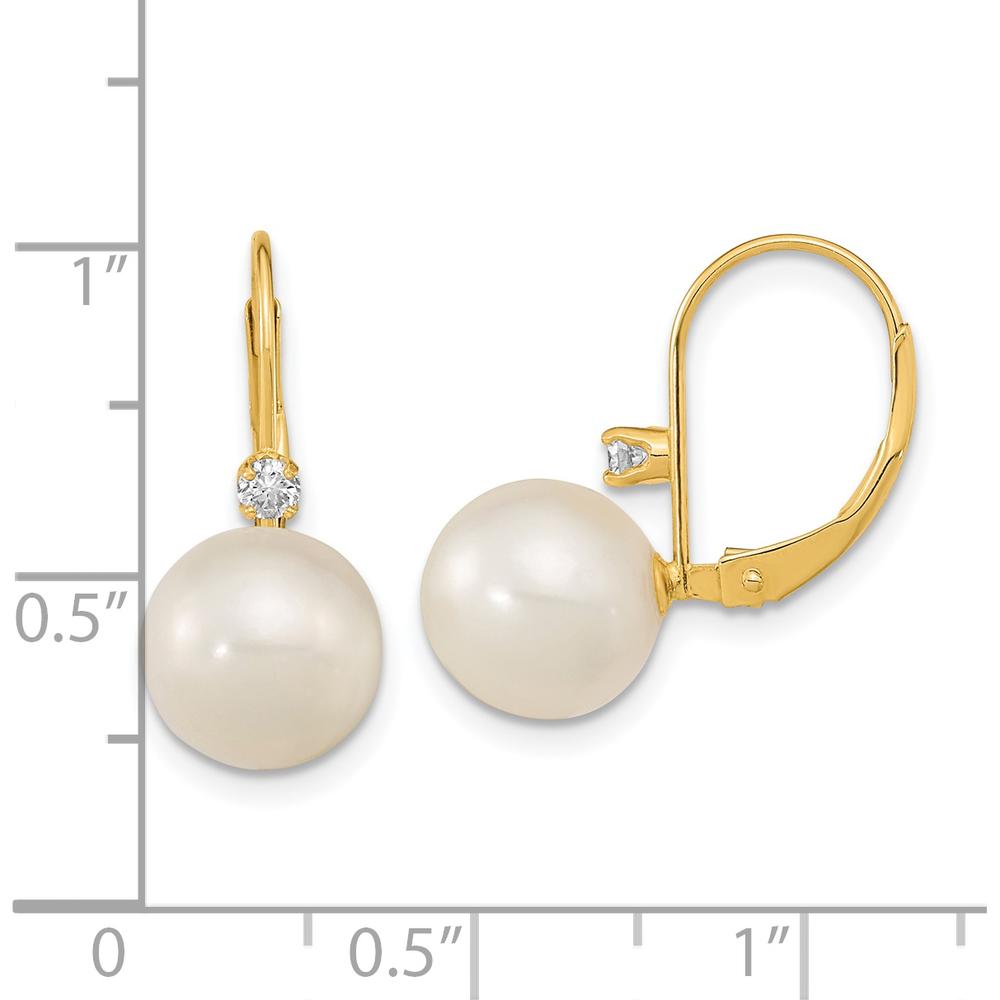 14K Yellow Gold 9-9.5mm Freshwater Pearl and .10 Carat Diamond Leverback Drop Earrings by Monteluci Fine Jewelry