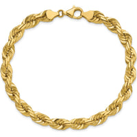 14K Yellow Gold 9" Diamond-Cut Rope Chain Bracelet with Fancy Lobster Clasp - 7mm Width