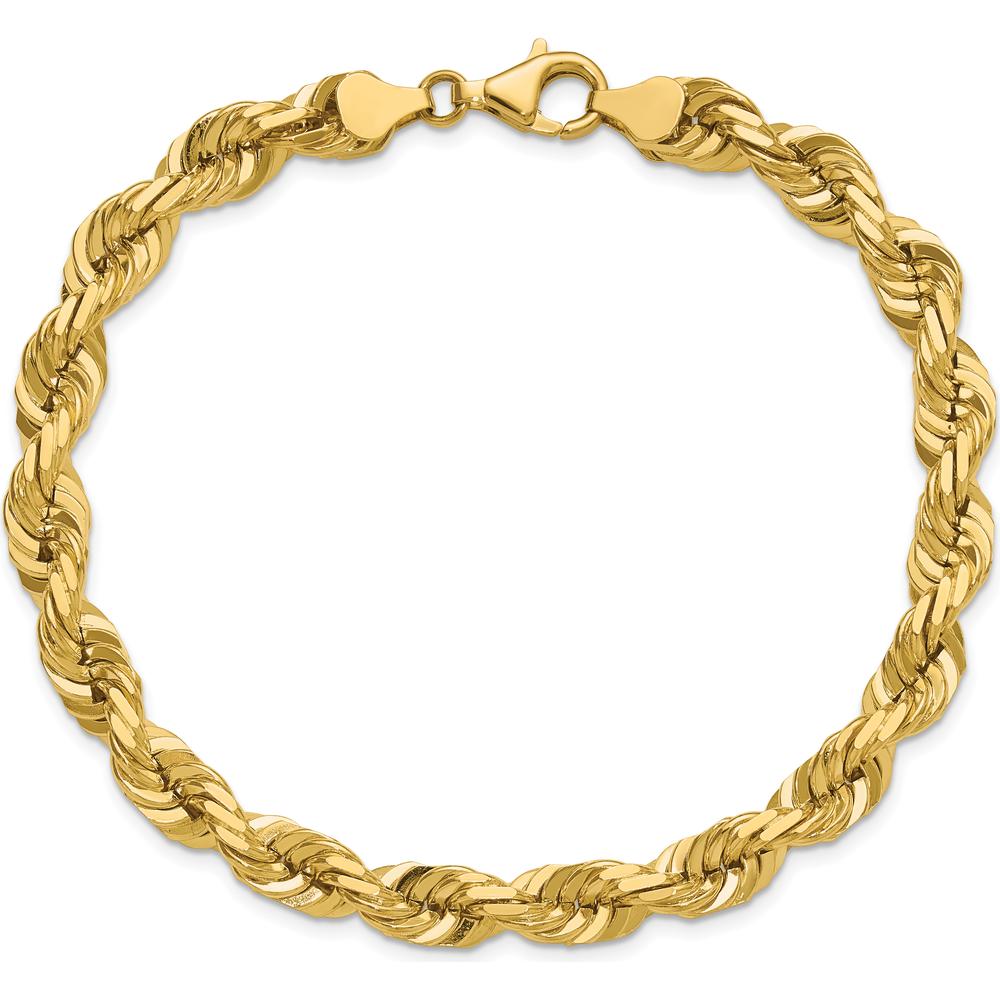 14K Yellow Gold 9" Diamond-Cut Rope Chain Bracelet with Fancy Lobster Clasp - 7mm Width