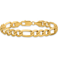 14K Yellow Gold 9" Flat Figaro Chain Bracelet - 8.75mm Width, Solid Gold Design by Oro Pregiato