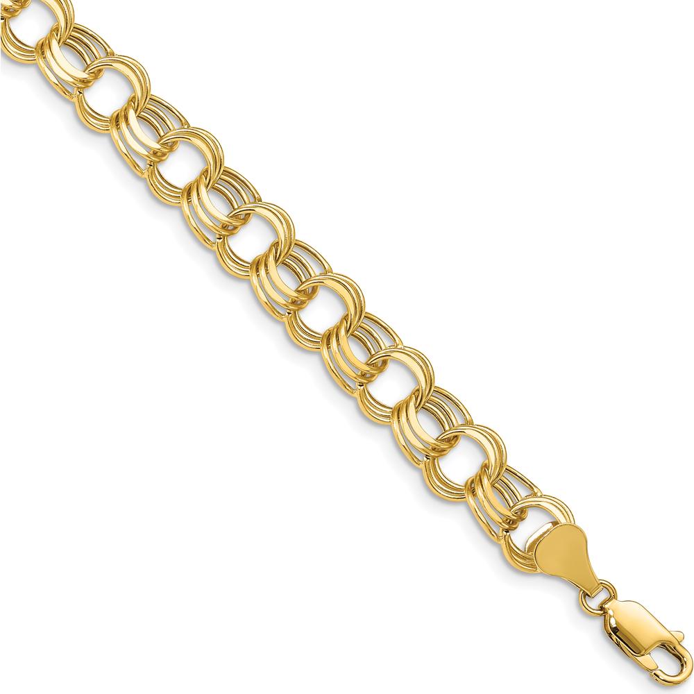 14K Yellow Gold 9mm Hollow Triple Link Charm Bracelet with Diamond-Cut Texture by 0