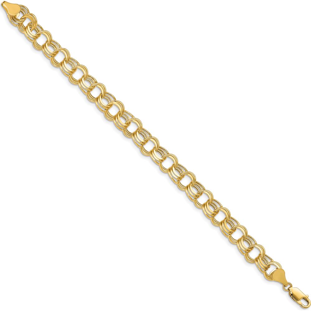 14K Yellow Gold 9mm Hollow Triple Link Charm Bracelet with Diamond-Cut Texture by 0