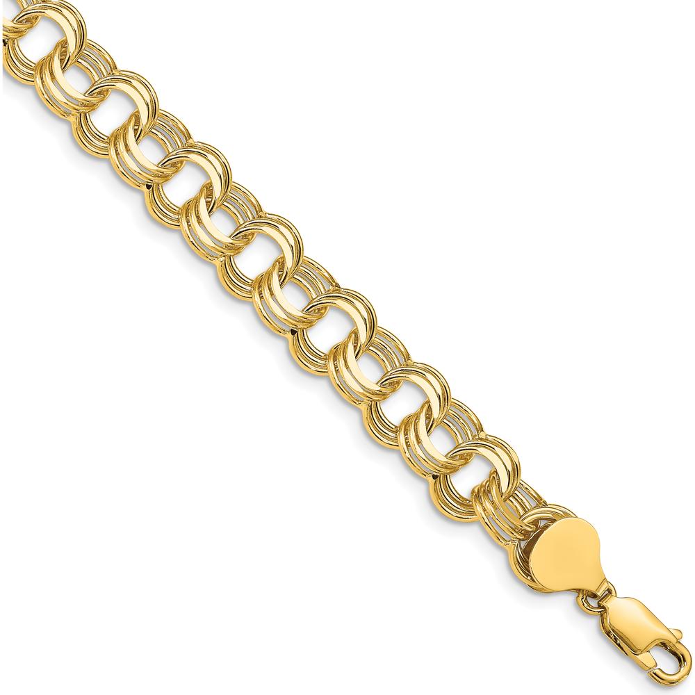 14K Yellow Gold 9mm Solid Triple Link Charm Bracelet - 8" Length by 0
