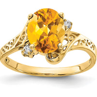 14K Yellow Gold 9x7mm Oval Citrine & Round Diamond Ring - 1.72 Carat Citrine, 0.03 Carat Diamond Total Weight by Monteluci Fine Jewelry