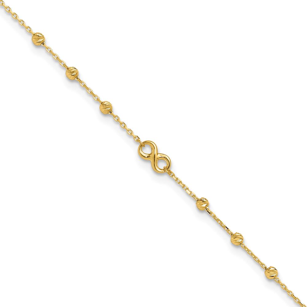 14K Yellow Gold Adjustable Anklet with Infinity Symbol and Diamond-Cut Beads - 11" Total Length