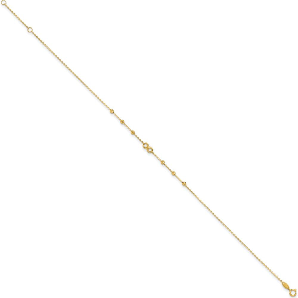 14K Yellow Gold Adjustable Anklet with Infinity Symbol and Diamond-Cut Beads - 11" Total Length