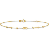 14K Yellow Gold Adjustable Anklet with Infinity Symbol and Diamond-Cut Beads - 11" Total Length