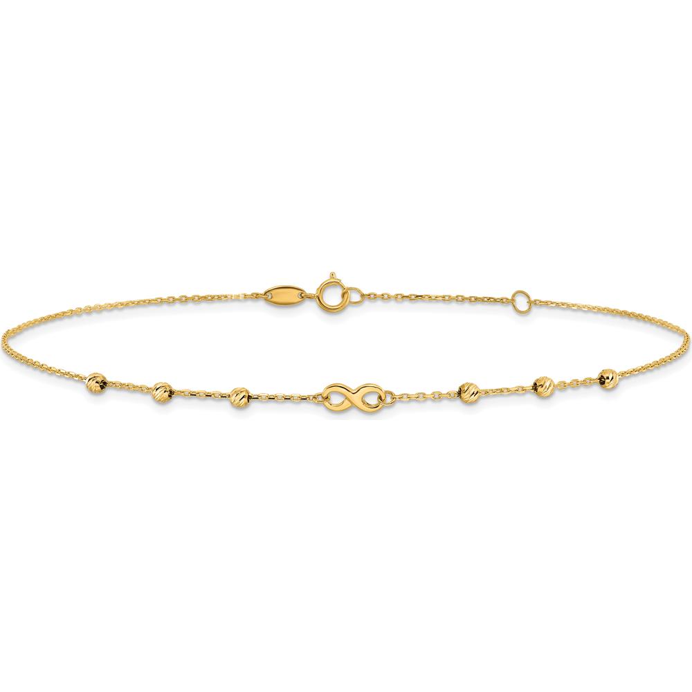 14K Yellow Gold Adjustable Anklet with Infinity Symbol and Diamond-Cut Beads - 11" Total Length