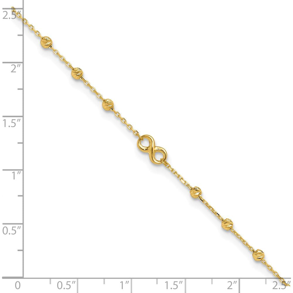14K Yellow Gold Adjustable Anklet with Infinity Symbol and Diamond-Cut Beads - 11" Total Length