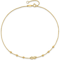 14K Yellow Gold Adjustable Anklet with Infinity Symbol and Diamond-Cut Beads - 11" Total Length