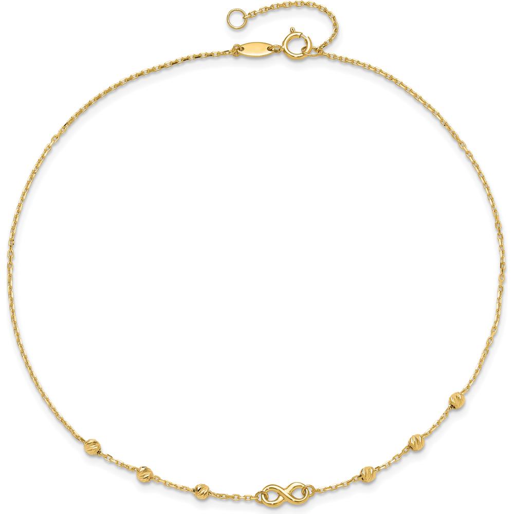 14K Yellow Gold Adjustable Anklet with Infinity Symbol and Diamond-Cut Beads - 11" Total Length