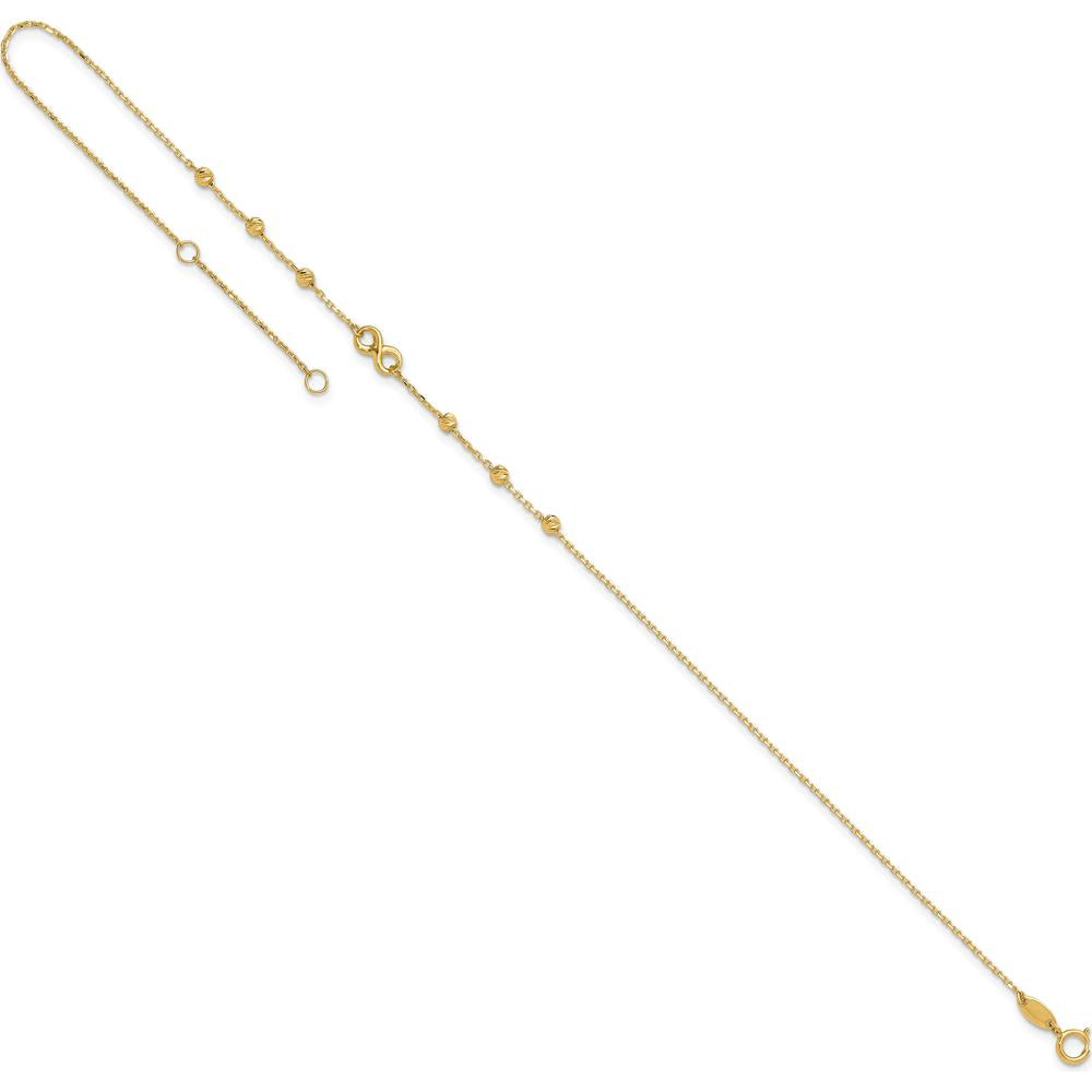 14K Yellow Gold Adjustable Anklet with Infinity Symbol and Diamond-Cut Beads - 11" Total Length