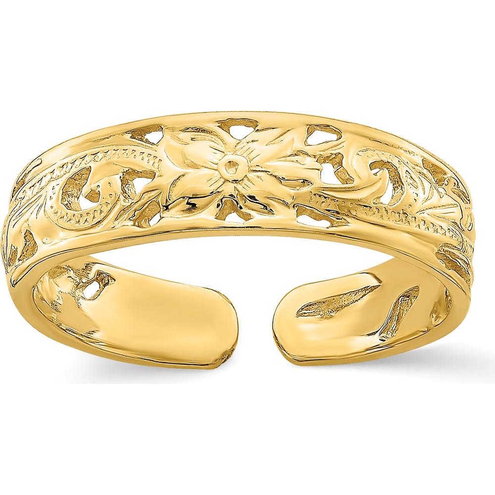 14K Yellow Gold Adjustable Flower with Leaf Trim Toe Ring by 0