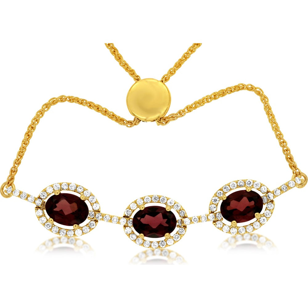 14K Yellow Gold Adjustable Station Bracelet with Oval Rhodolite and Diamond Halo - 3.00 Carat Rhodolite and 0.50 Carat Diamond Total Weight - Royal Jewelry