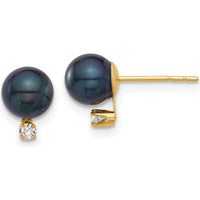 14K Yellow Gold Akoya Black Round Pearl and Diamond Post Earrings - 0.06 Carat Total Diamond Weight by Monteluci Fine Jewelry