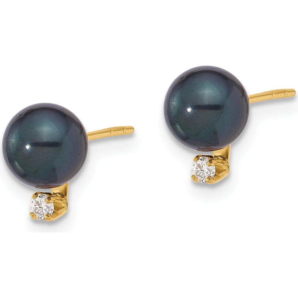 14K Yellow Gold Akoya Black Round Pearl and Diamond Post Earrings - 0.06 Carat Total Diamond Weight by Monteluci Fine Jewelry