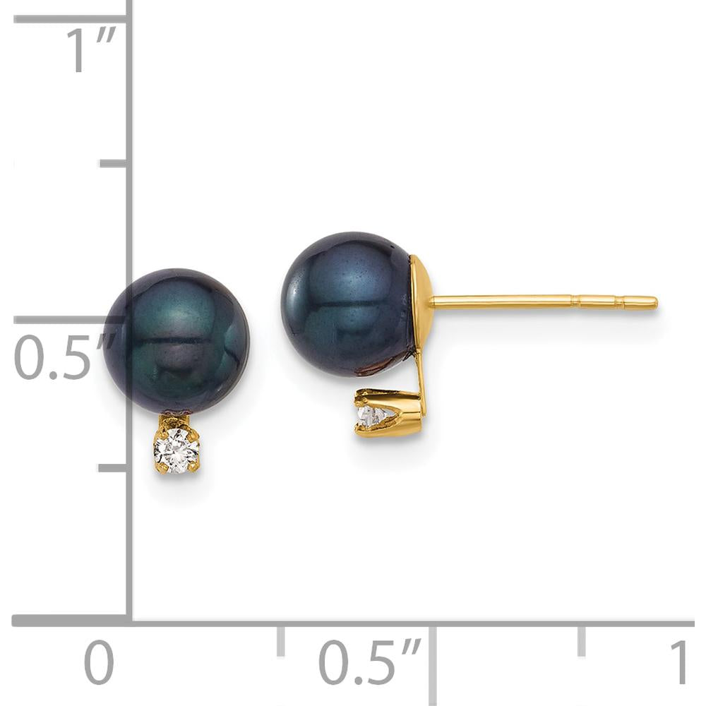 14K Yellow Gold Akoya Black Round Pearl and Diamond Post Earrings - 0.06 Carat Total Diamond Weight by Monteluci Fine Jewelry