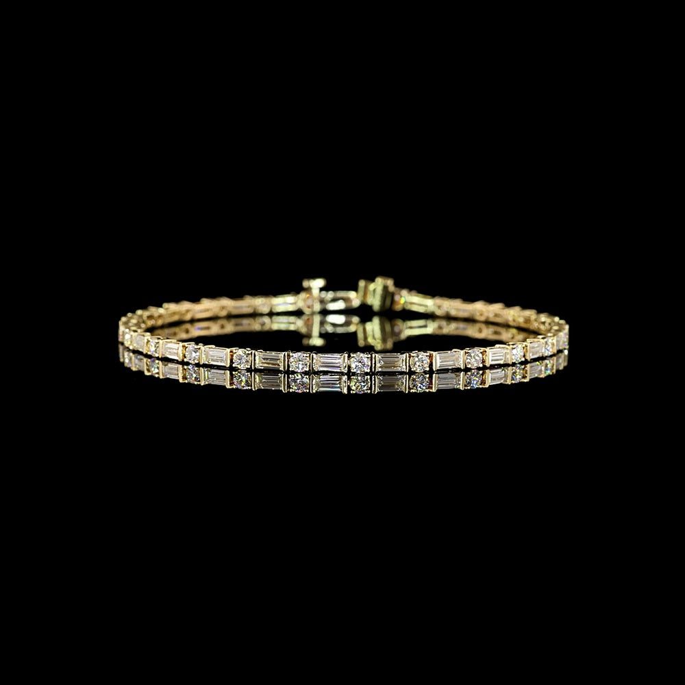 14K Yellow Gold Alternating Baguette and Round Lab Diamond Tennis Bracelet - 3.85 Carats Total Diamond Weight - Covaloro Fine Jewelry