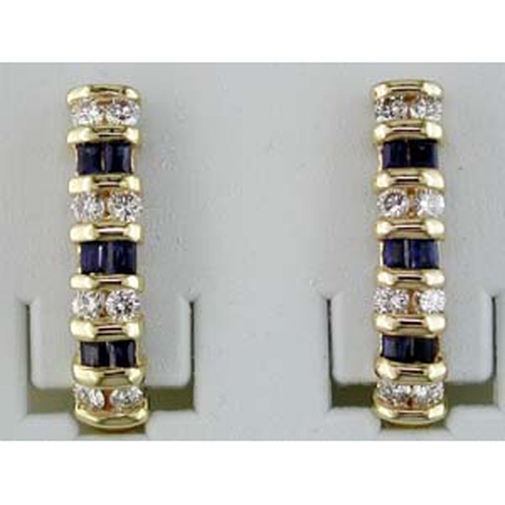 14K Yellow Gold Alternating Baguette Sapphire and Round Diamond Drop Earrings - 0.60 Carat Sapphire Total Weight, 0.50 Carat Diamond Total Weight - Royal Jewelry