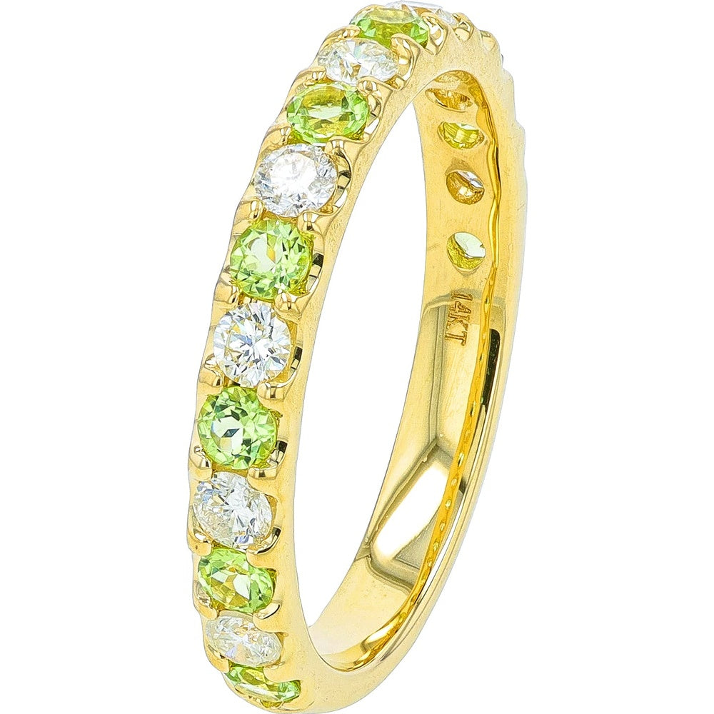 14K Yellow Gold Alternating Band with Round Emerald and Diamond Prong-Set Gemstones - 0.80 Carat Total Emerald Weight and 0.43 Carat Total Diamond Weight