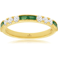 14K Yellow Gold Alternating Emerald and Diamond Band with Milgrain Detail - 0.35 Carat Total Diamond Weight and 0.35 Carat Total Emerald Weight - Royal Jewelry