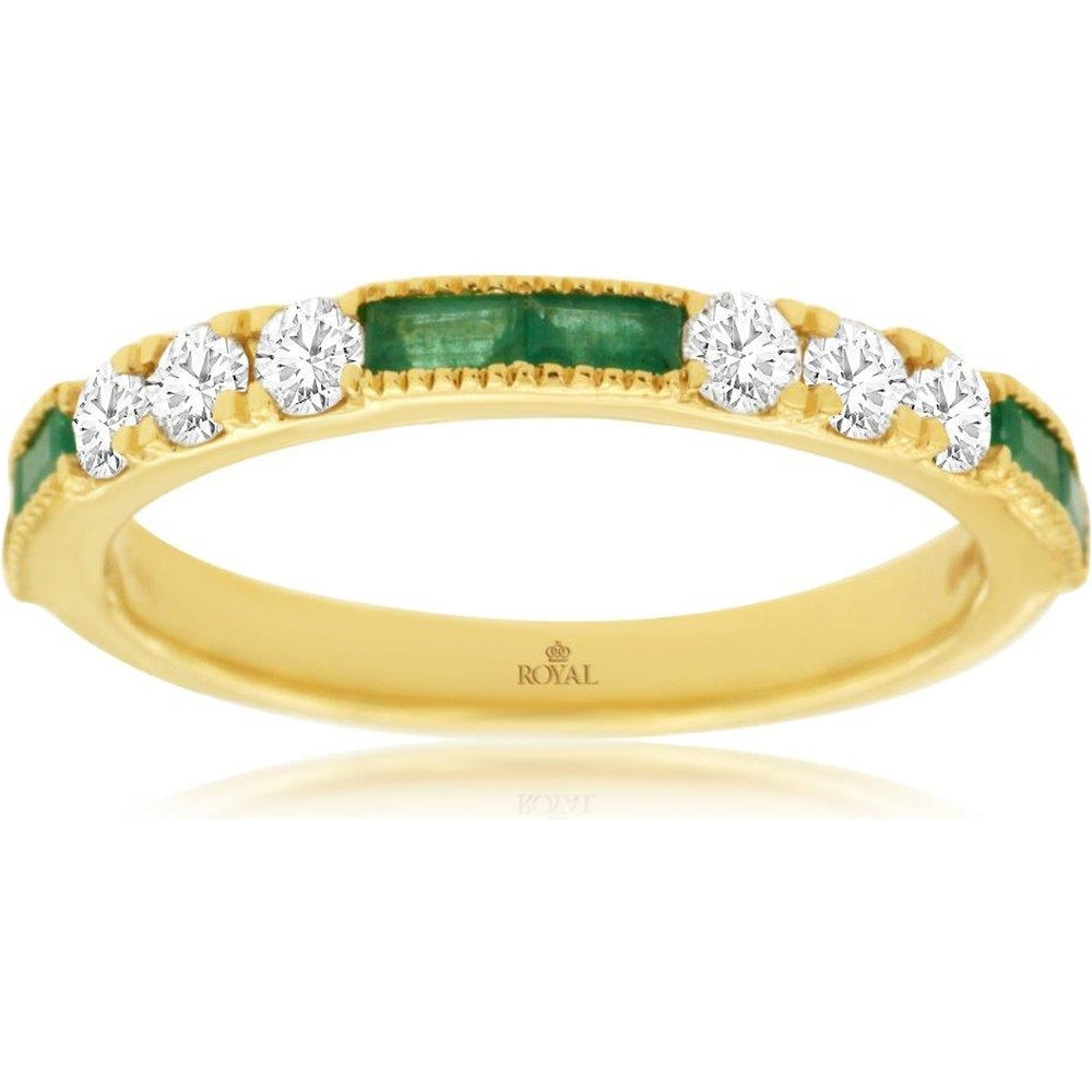 14K Yellow Gold Alternating Emerald and Diamond Band with Milgrain Detail - 0.35 Carat Total Diamond Weight and 0.35 Carat Total Emerald Weight - Royal Jewelry