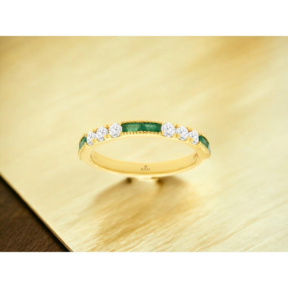 14K Yellow Gold Alternating Emerald and Diamond Band with Milgrain Detail - 0.35 Carat Total Diamond Weight and 0.35 Carat Total Emerald Weight - Royal Jewelry