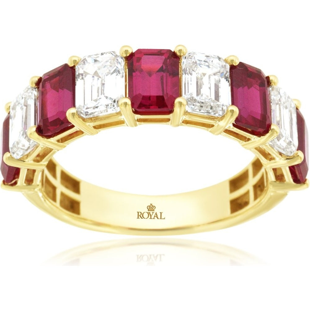 14K Yellow Gold Alternating Emerald Cut Lab Grown Diamond and Ruby Band - 2 Carat Diamond and 3 Carat Ruby Total Weight - Royal Jewelry