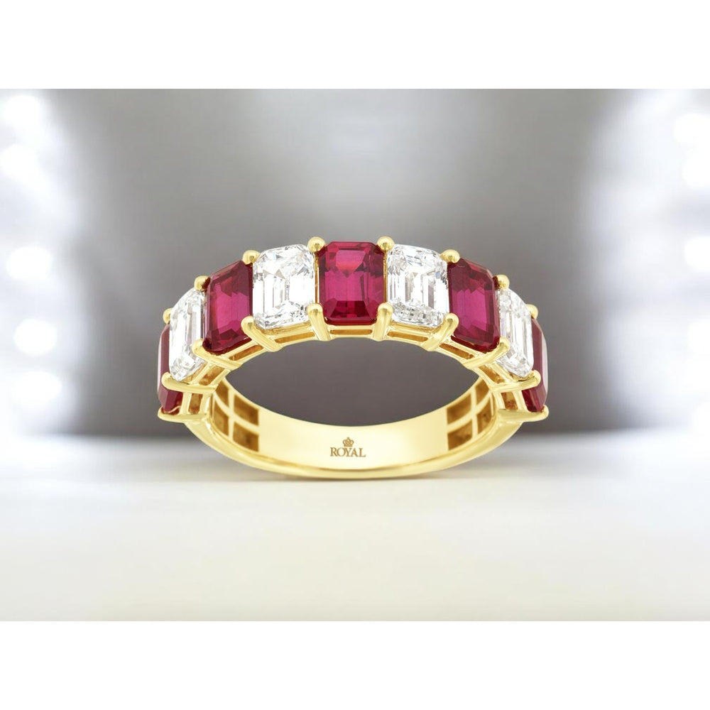 14K Yellow Gold Alternating Emerald Cut Lab Grown Diamond and Ruby Band - 2 Carat Diamond and 3 Carat Ruby Total Weight - Royal Jewelry