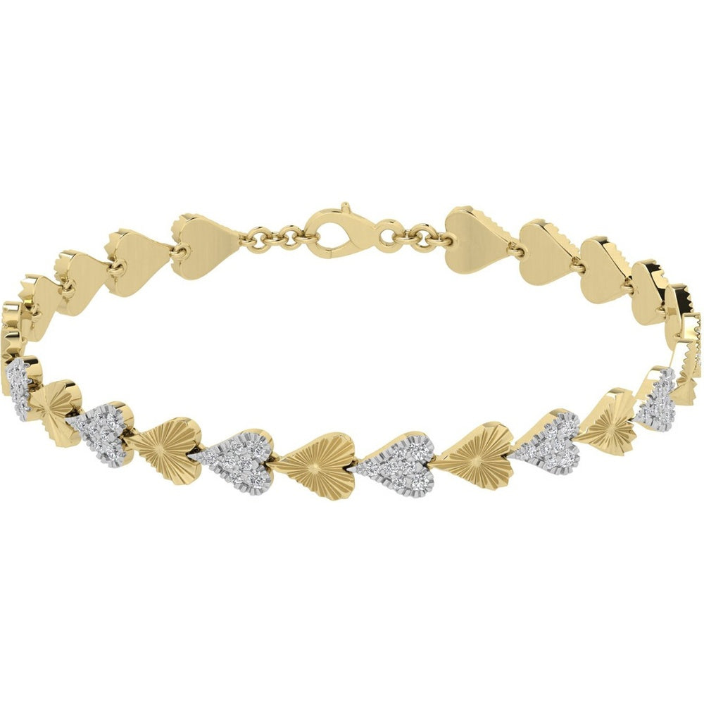14K Yellow Gold Alternating Heart Link Bracelet with Pavé Set Round Diamonds - 1.08 Carat Total Diamond Weight by Auriventus