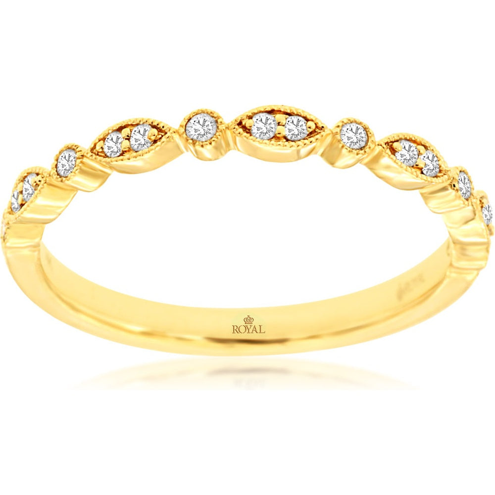 14K Yellow Gold Alternating Marquise and Round Diamond Wedding Band with Milgrain Detailing - 0.13 Carat Total Diamond Weight - Royal Jewelry