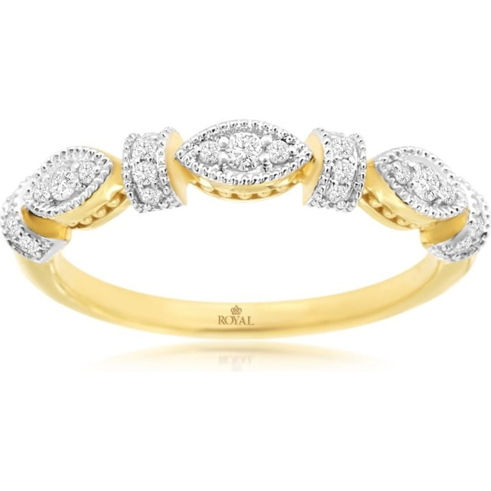 14K Yellow Gold Alternating Marquise Diamond Cluster Wedding Band with Pavé Setting and Milgrain Edging - 0.20 Carat Total Diamond Weight - Royal Jewelry