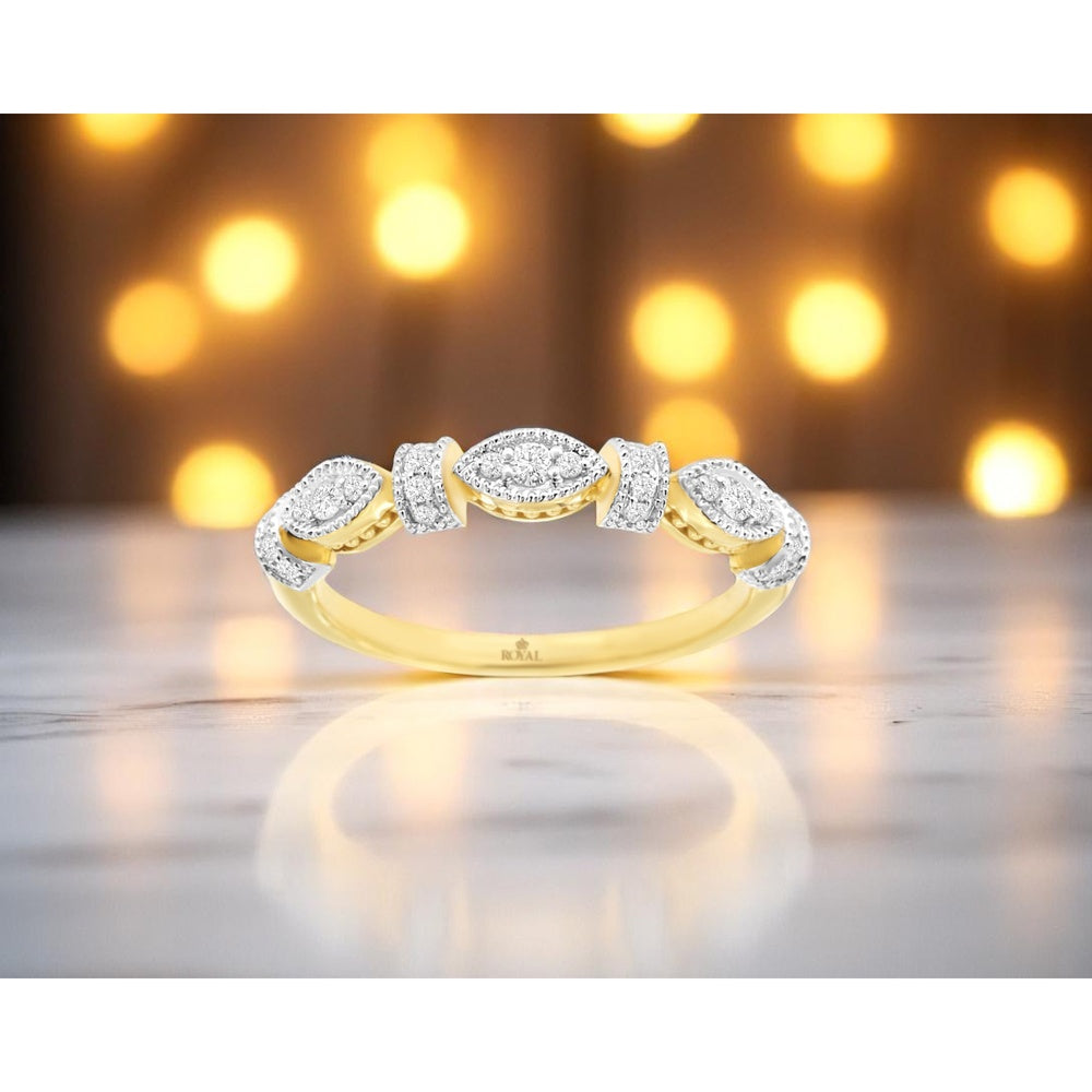 14K Yellow Gold Alternating Marquise Diamond Cluster Wedding Band with Pavé Setting and Milgrain Edging - 0.20 Carat Total Diamond Weight - Royal Jewelry