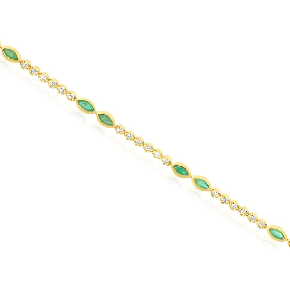 14K Yellow Gold Alternating Marquise Emerald and Round Diamond Station Bracelet - 1.00 Carat Total Emerald Weight - 0.45 Carat Total Diamond Weight - Royal Jewelry