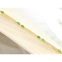 14K Yellow Gold Alternating Marquise Emerald and Round Diamond Station Bracelet - 1.00 Carat Total Emerald Weight - 0.45 Carat Total Diamond Weight - Royal Jewelry