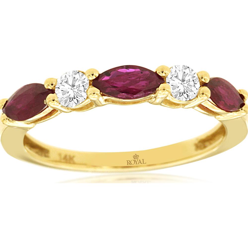 14K Yellow Gold Alternating Marquise Ruby and Round Diamond Ring - 0.75 Carat Total Ruby Weight, 0.22 Carat Total Diamond Weight - Royal Jewelry