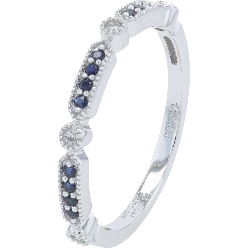 14K Yellow Gold Alternating Milgrain Band with Round Blue Sapphires and Diamond Accents - 0.12 Carat Total Sapphire Weight and 0.05 Carat Total Diamond Weight